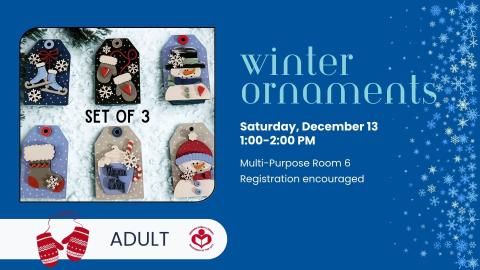 Winter ornaments crafts to left of verbiage 