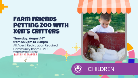 Boy petting ducks to right of verbiage 