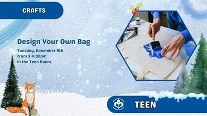 person painting a fabric bag to right of verbiage 