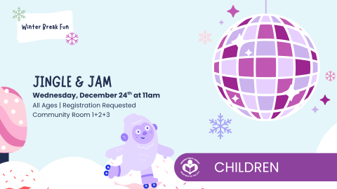 Disco ball to right of verbiage over a pinkish blue background