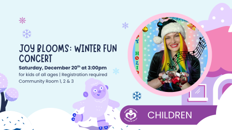 Joy Blooms in holiday hat to right of verbiage