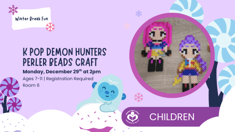 K Pop demon hunter perler beads to right of verbiage 