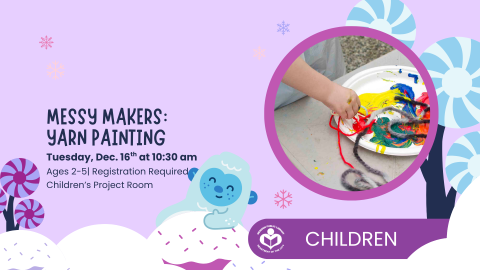 child's hand holding yarn with paint on plate to right of verbiage