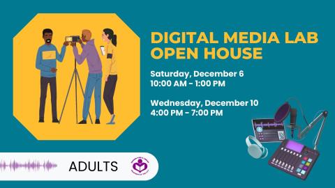 three people using a camera to left of verbiage