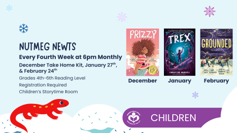 Newt under verbiage with book covers to the left