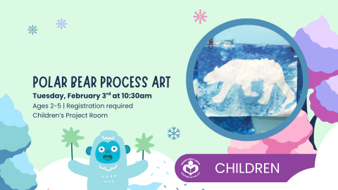 polar bear on blue background to right of verbiage 