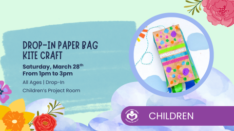 decorated paper bag made into a kite to right of verbiage