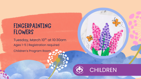 Fingerpainted pink and purple flowers to right of verbiage