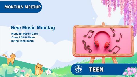 headphones and music notes on pink background to right of verbiage