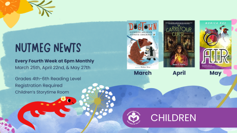 Newt under verbiage with book covers to the right