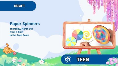 Colorful paper spinners to right of verbiage