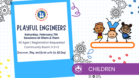 three kids playing with gears to right of verbiage