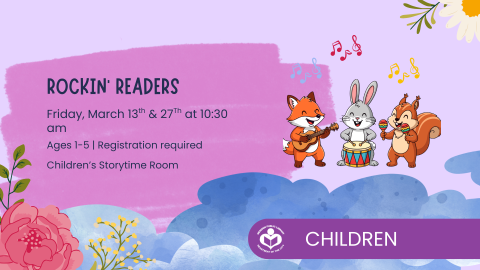 Fox, rabbit and squirrel playing instruments to right of verbiage