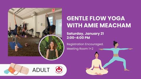 Yoga session to left of verbiage with a headshot of the instructor below