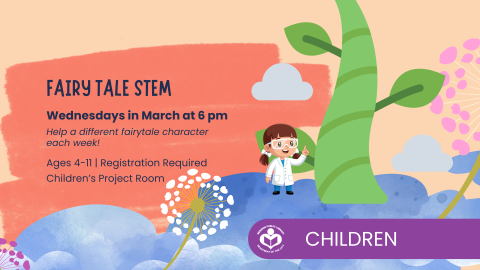 child wearing scientists coat near a beanstalk to right of verbiage