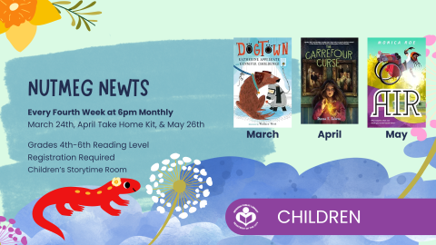 Newt under verbiage with book covers to the right.