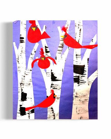 red cardinals in trees to right of verbiage