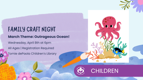 Pink octopus above seaweed to right of verbiage