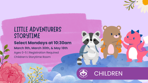 dinosaur, bear and racoon wearing backpacks to right of verbiage