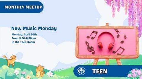 headphones and music notes on pink background to right of verbiage