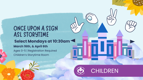 Hands using American Sign Language to spell out "love" above a castle made out of books to right of verbiage