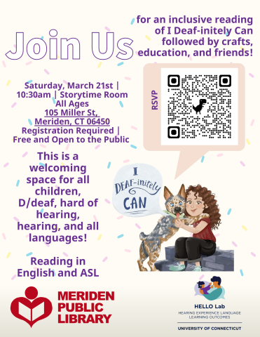 flyer with purple text and girl hugging dog promoting HELLO Lab storytime
