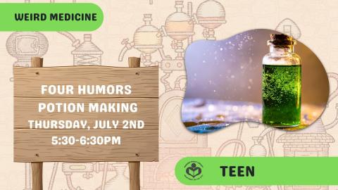 Green potion to the right of text with potion bottles in background.