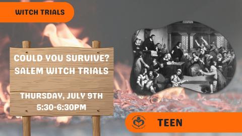 Salem witch trial drawing to the right of text with fire background