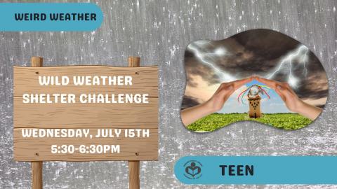 Hands protecting shelter from extreme weather to the right of text with rain background