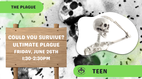 Skeleton scratching it's head with a germ background and a wooden board with program information.