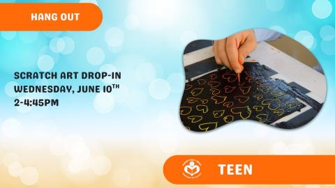 Scratch art and hand to right of text with blue beach background.