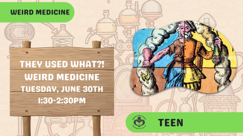 Depiction of the four humors with a potion making background and a wooden board with program information.