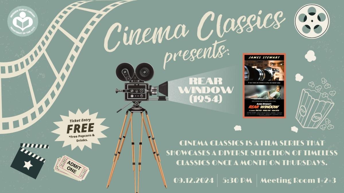 Green background with tripod projecting the film posters of Rear Window with film reel woven around