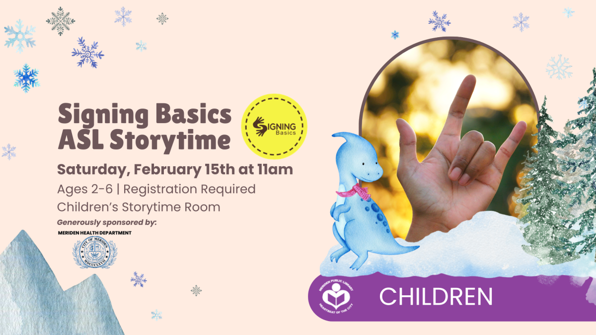 Child signing in a snow globe above a dinosaur in the snow to right of verbiage