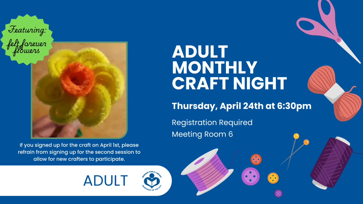 Craft flowers to left of verbiage with various crafting supplies adorning right edge 