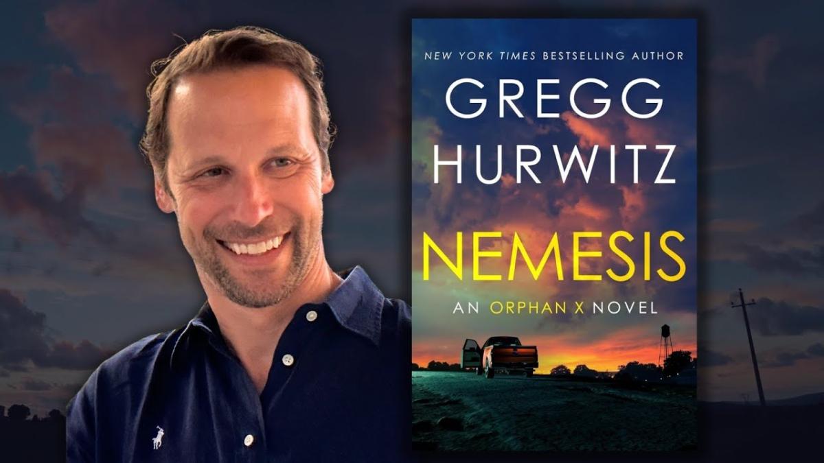 Gregg Hurwitz to left of his novel Nemesis