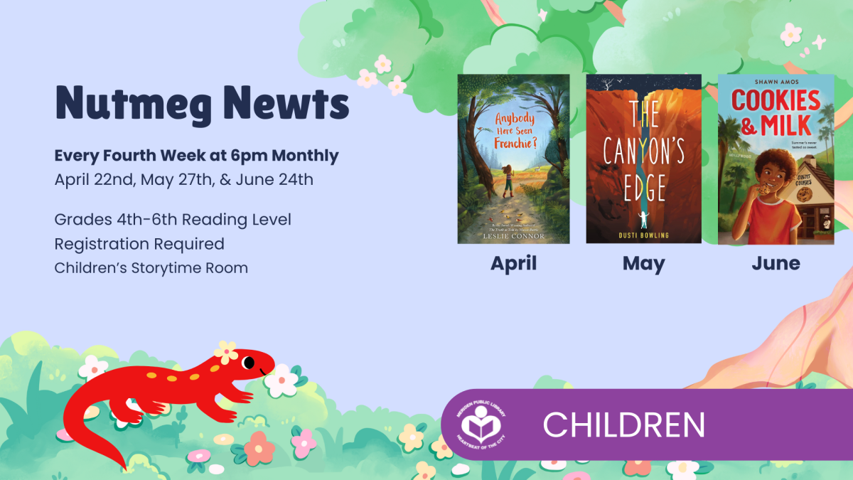 Newt under verbiage with three book covers to right