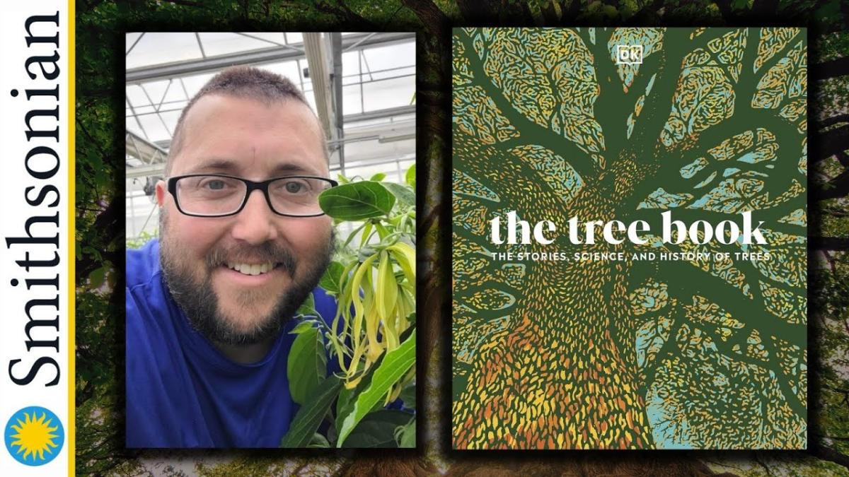 Horticulturalist Matthew Fleming to left of his book