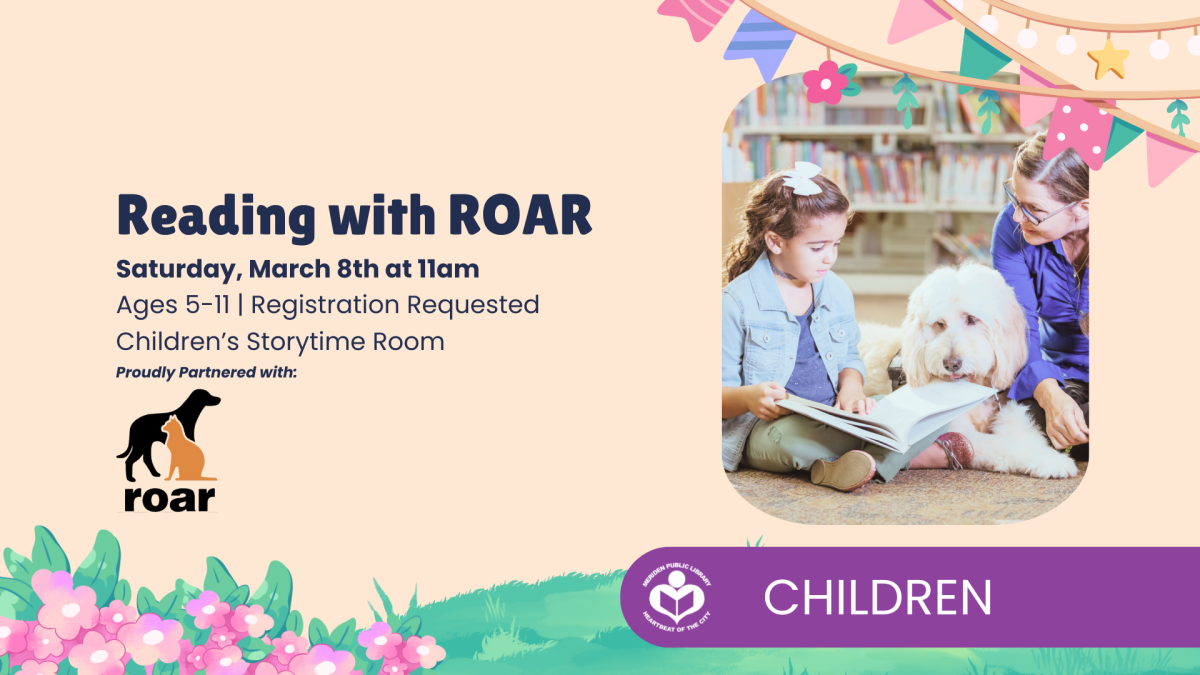 Kids reading to a dog to right of verbiage 