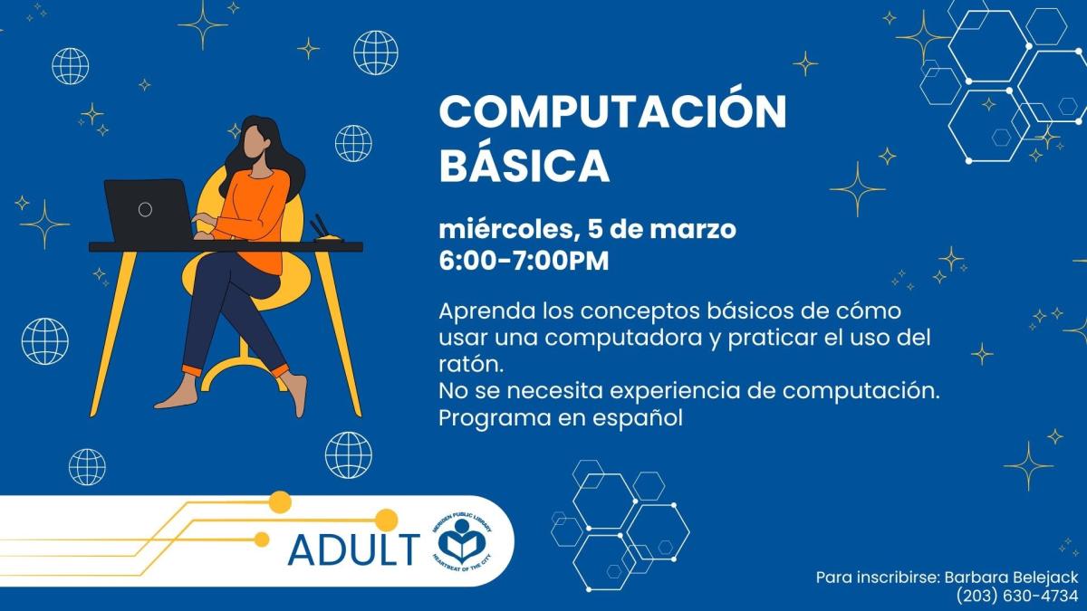 Cartoon woman sitting at computer desk to left of verbiage 