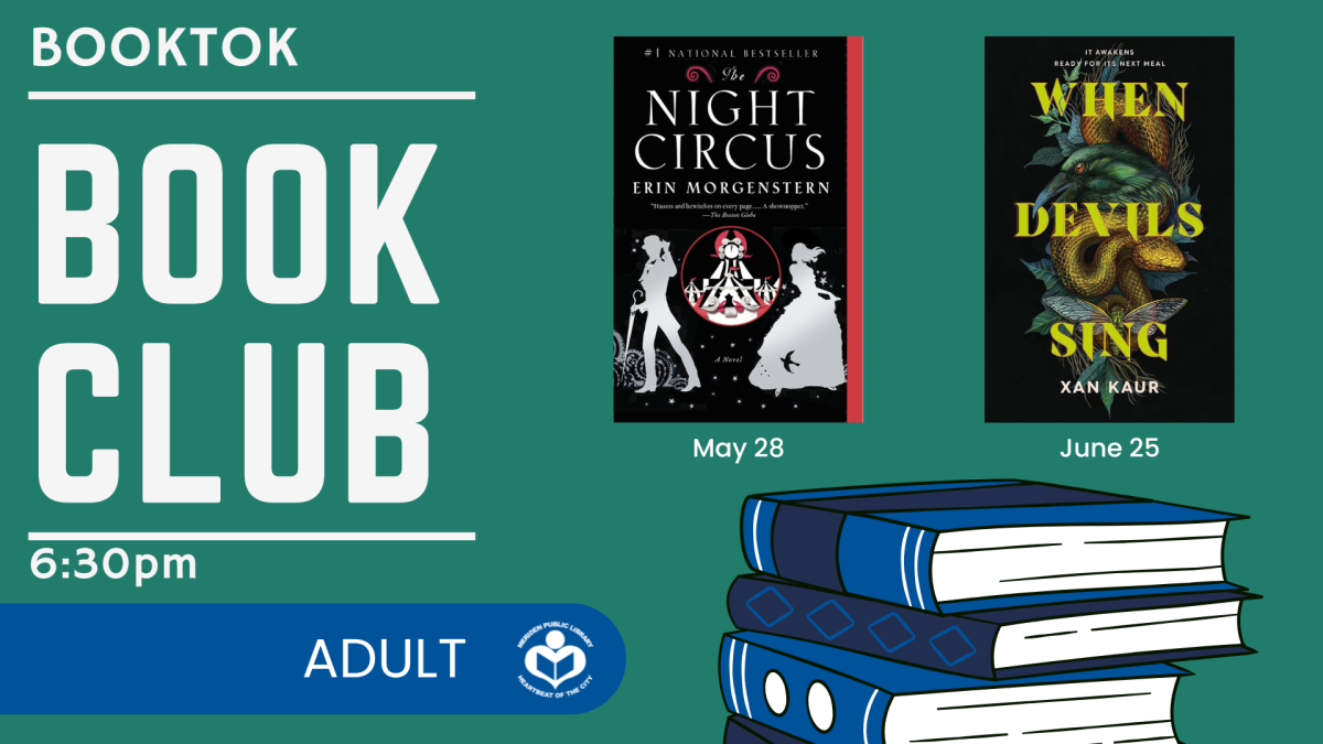 Verbiage to left with a green background, book stack below covers of each month's book