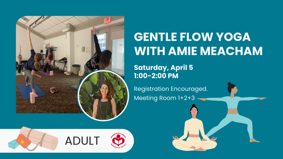 Yoga session to left of verbiage with a headshot of the instructor below