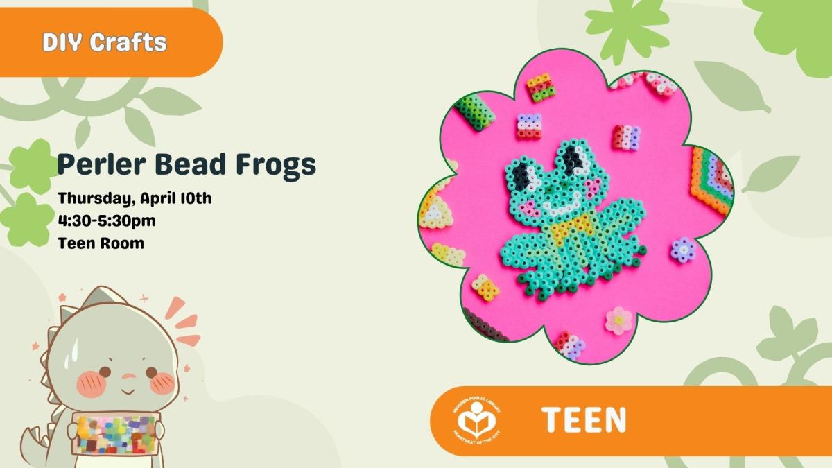 Perler bead frog to right of verbiage 