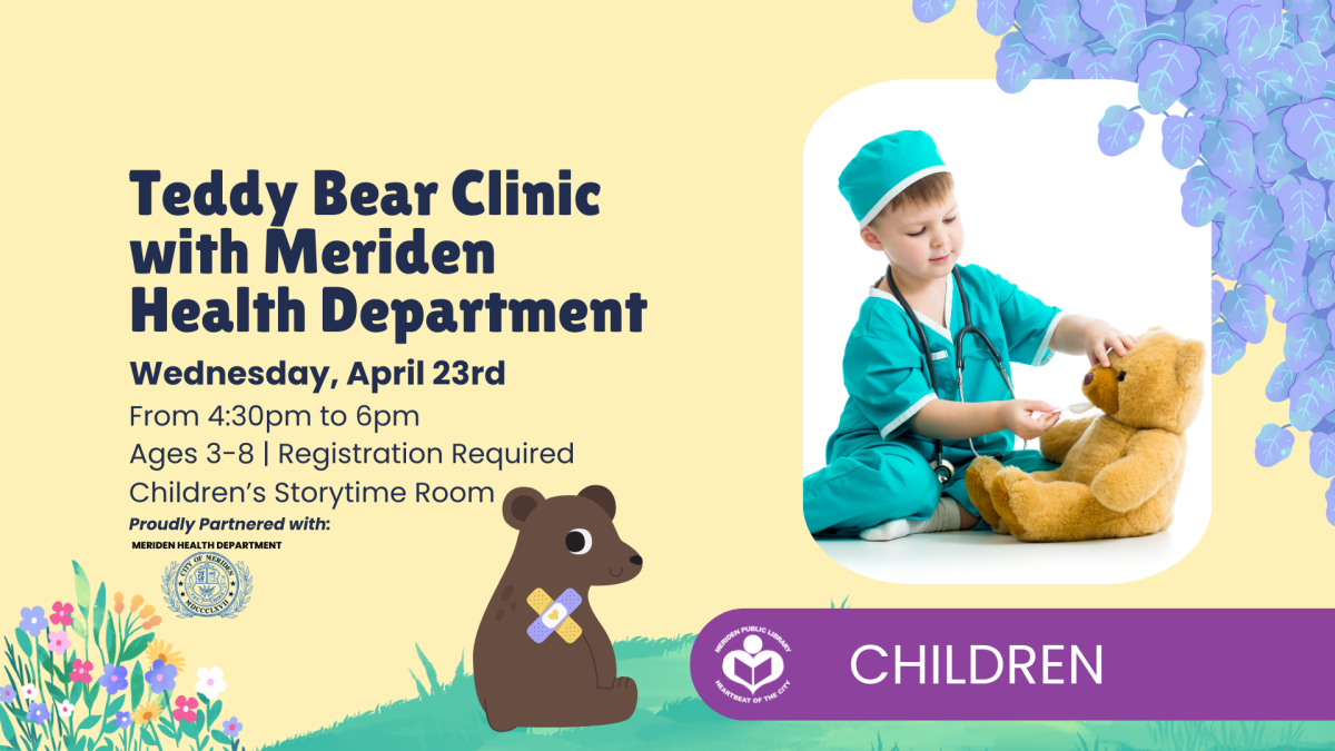 Child doctor administering medicine to teddy bear to right of verbiage 