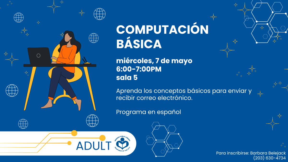 Cartoon woman sitting at computer desk to left of verbiage 