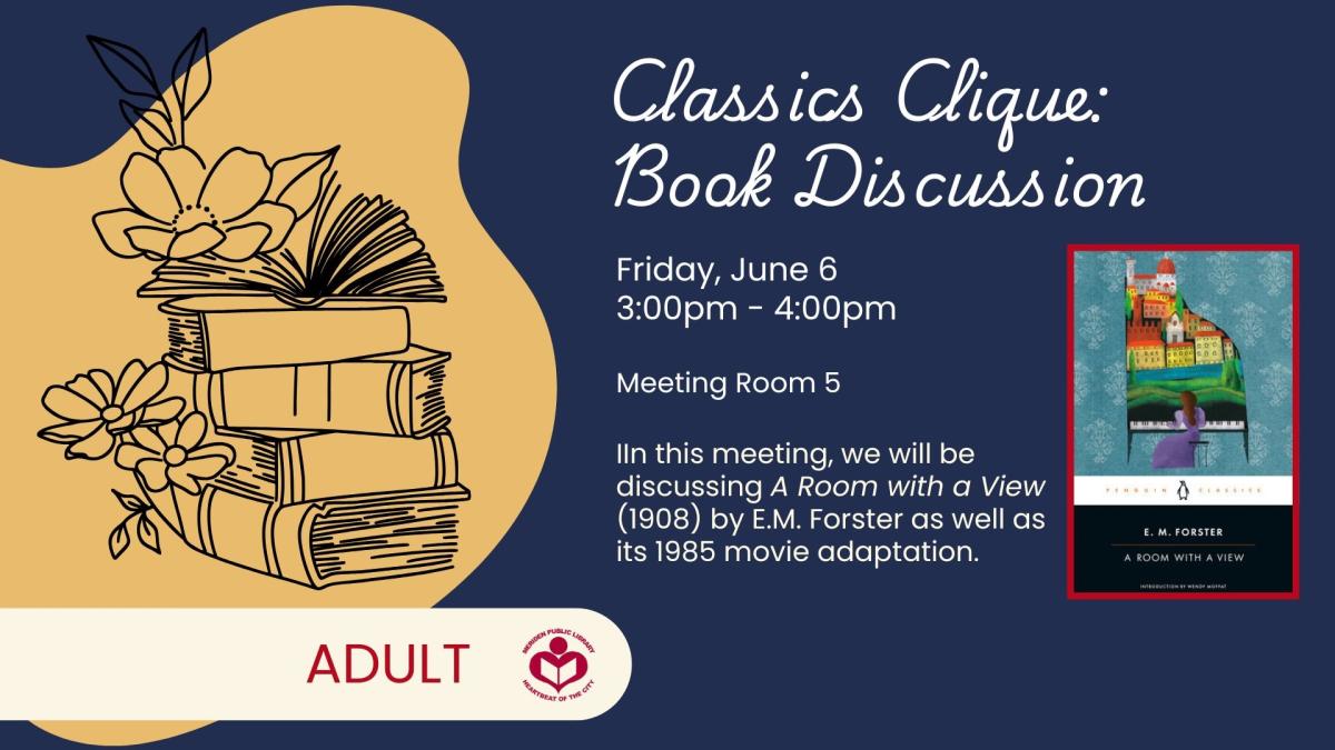 A Room with a View book cover to right of verbiage with a blue background.