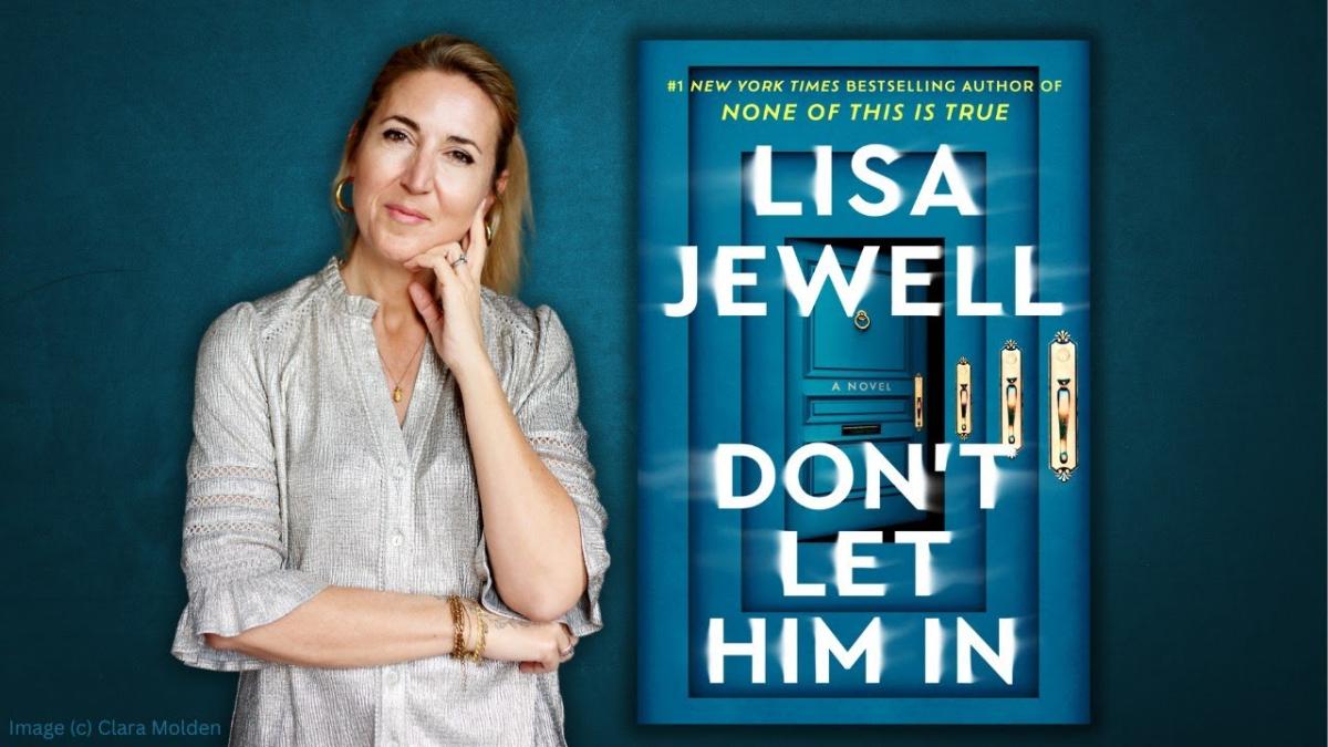 Lisa Jewell to left of her novel Don't Let Him In