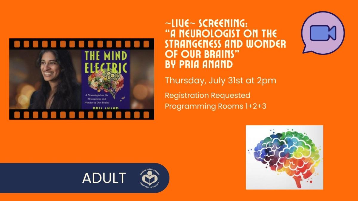 Pria Anand and her book The Mind Electric to left of verbiage 