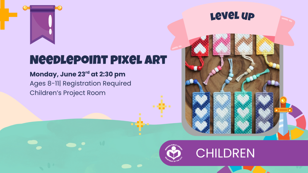 Needlepoint pixel art bookmark craft to right of verbiage 