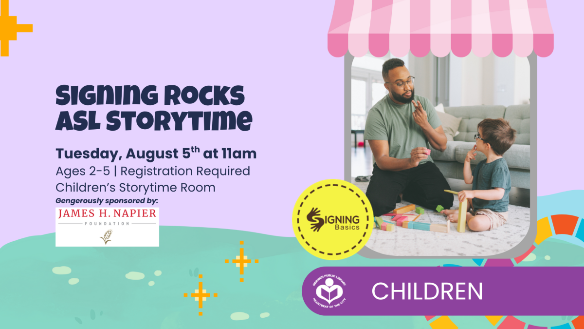 Dad signing to son playing with blocks to right of verbiage 